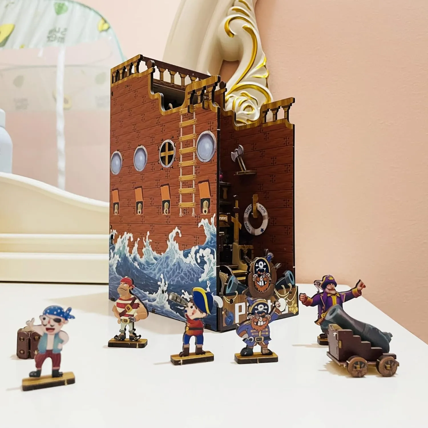 DIY Book Nook Kit, 3D Wooden Puzzle Bookend DIY Dollhouse Kit Insert Decorative Bookend Model with LED Book Shelf Decor Pirate Miniatures Diorama Kit