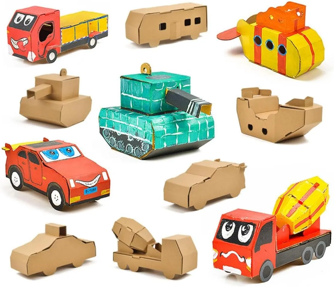 DIY Paper Box Toys, DIY Handmade Paper Box Models, Children's Creative Paper Boxes, Ability Cultivation. Comes with a 12-Color Paint Set. (Rocket Car)