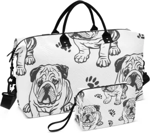 Dog Travel Duffle Bag Gym Bag, Bulldog Dog Paw Print Weekender Bags for Women with Toiletry Bag Travel Tote Bag Swim Bag