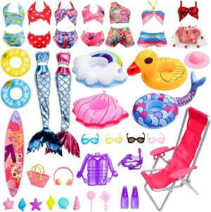 Doll Clothes Accessories - 36Pcs Girl Doll Clothes Swimsuit Series for 11.5''Doll Included Bikini Mermaid Swimsuit Surfboard Beach Chair Swimming Ring Beach Accessories