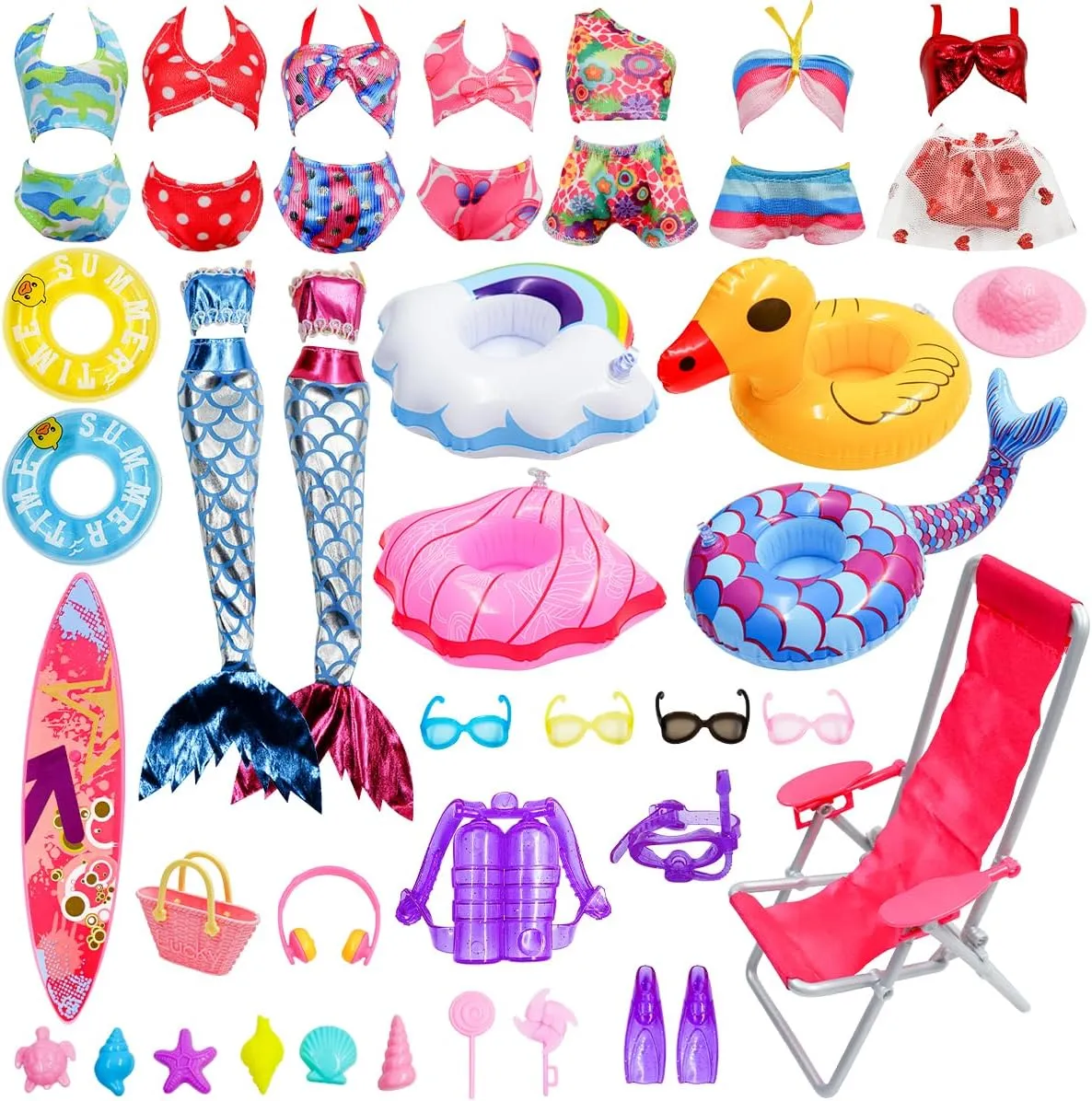Doll Clothes Accessories - 36Pcs Girl Doll Clothes Swimsuit Series for 11.5''Doll Included Bikini Mermaid Swimsuit Surfboard Beach Chair Swimming Ring Beach Accessories