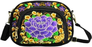 Double-Sided Embroidery Canvas Mini Crossbody Bag for Women - Ethnic Style Wallet & Mobile Phone Purse