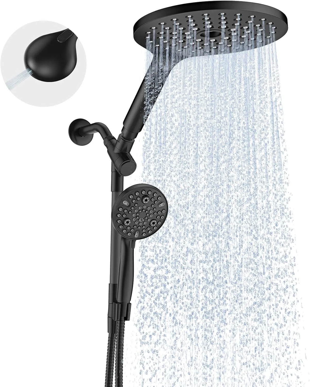 Dual Handheld Shower Head Combo, 2-in-1 Rain Shower Heads System 8 Inch Rainfall Shower Head and 10 Modes High Pressure Hand Held Showerhead with Built-in Power Wash