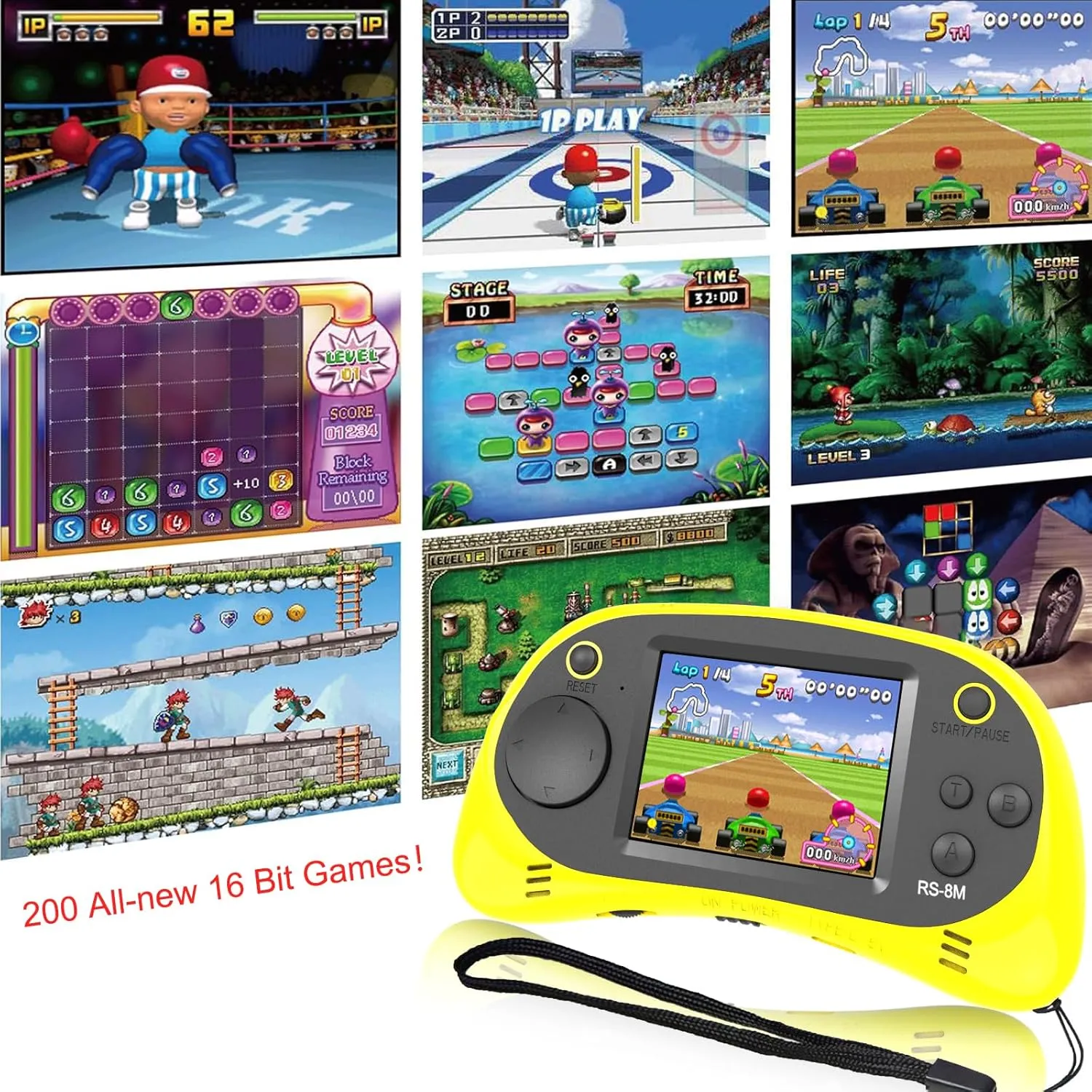 EASEGMER 16 Bit Kids Handheld Games Built-in 220 HD Video Games, 2.5 Inch Portable Game Player with Headphones - Best Travel Electronic Toys for Kids Age 3-10 Years Old Children (Yellow)