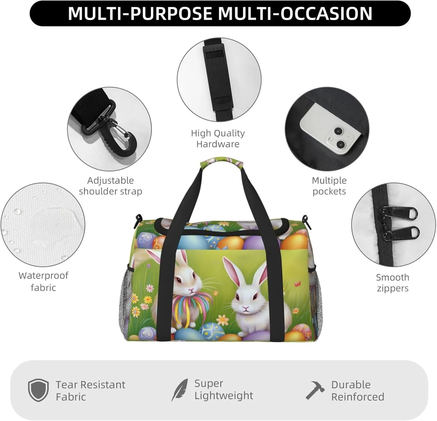 Easter Bunny Eggs Big Capacity Sports Gym Bag Portable Travel Duffle Bag, Spring Rabbit Butterfly Lightweight Weekender Workout Bag for Overnight, Unisex