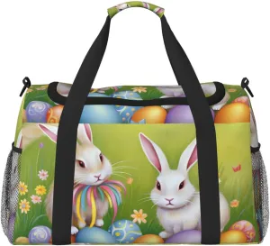 Easter Bunny Eggs Big Capacity Sports Gym Bag Portable Travel Duffle Bag, Spring Rabbit Butterfly Lightweight Weekender Workout Bag for Overnight, Unisex