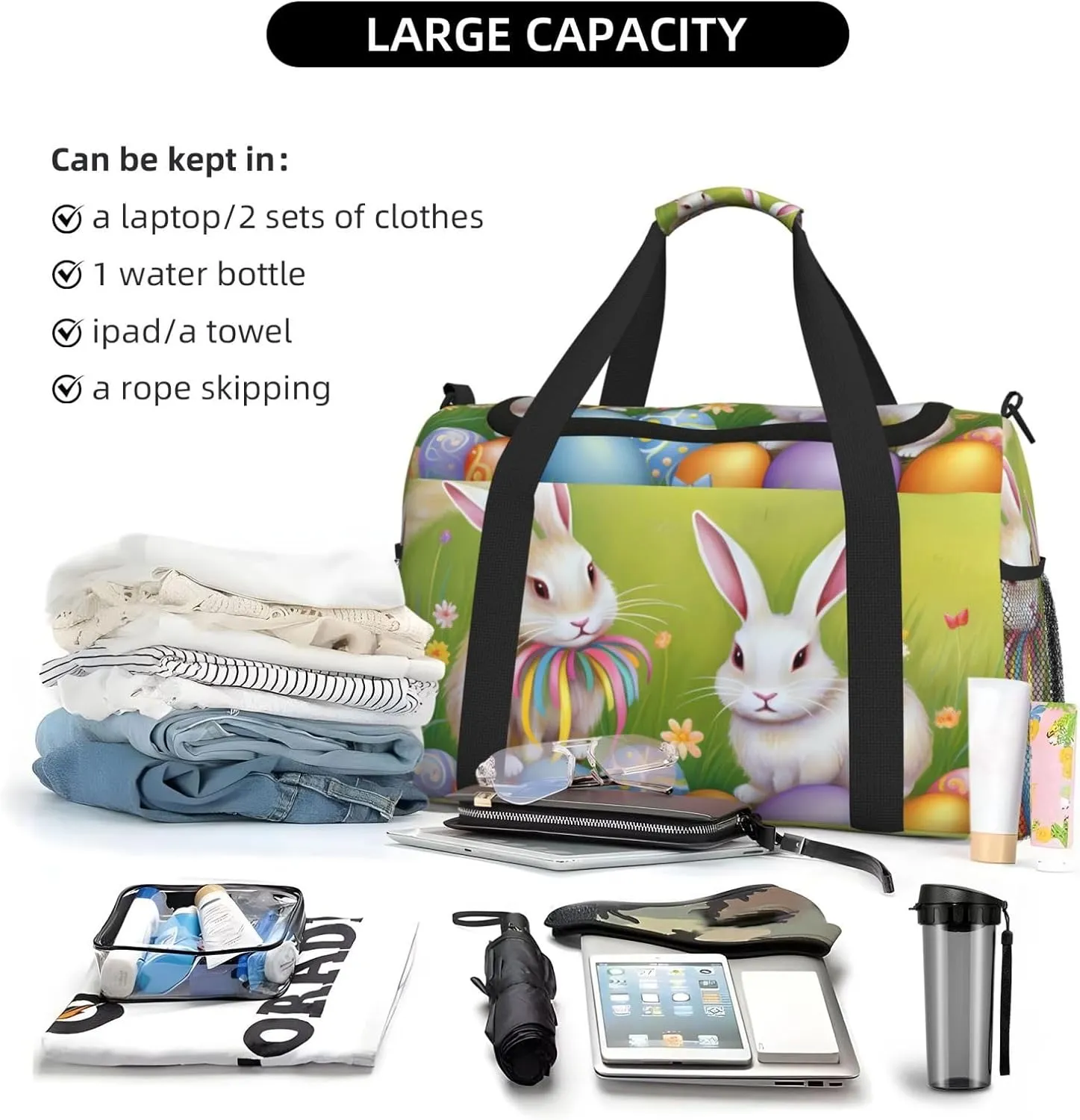 Easter Bunny Eggs Big Capacity Sports Gym Bag Portable Travel Duffle Bag, Spring Rabbit Butterfly Lightweight Weekender Workout Bag for Overnight, Unisex