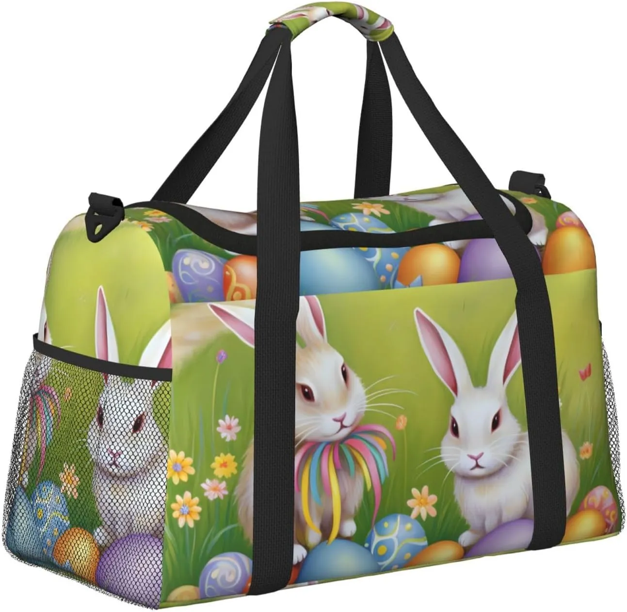 Easter Bunny Eggs Big Capacity Sports Gym Bag Portable Travel Duffle Bag, Spring Rabbit Butterfly Lightweight Weekender Workout Bag for Overnight, Unisex