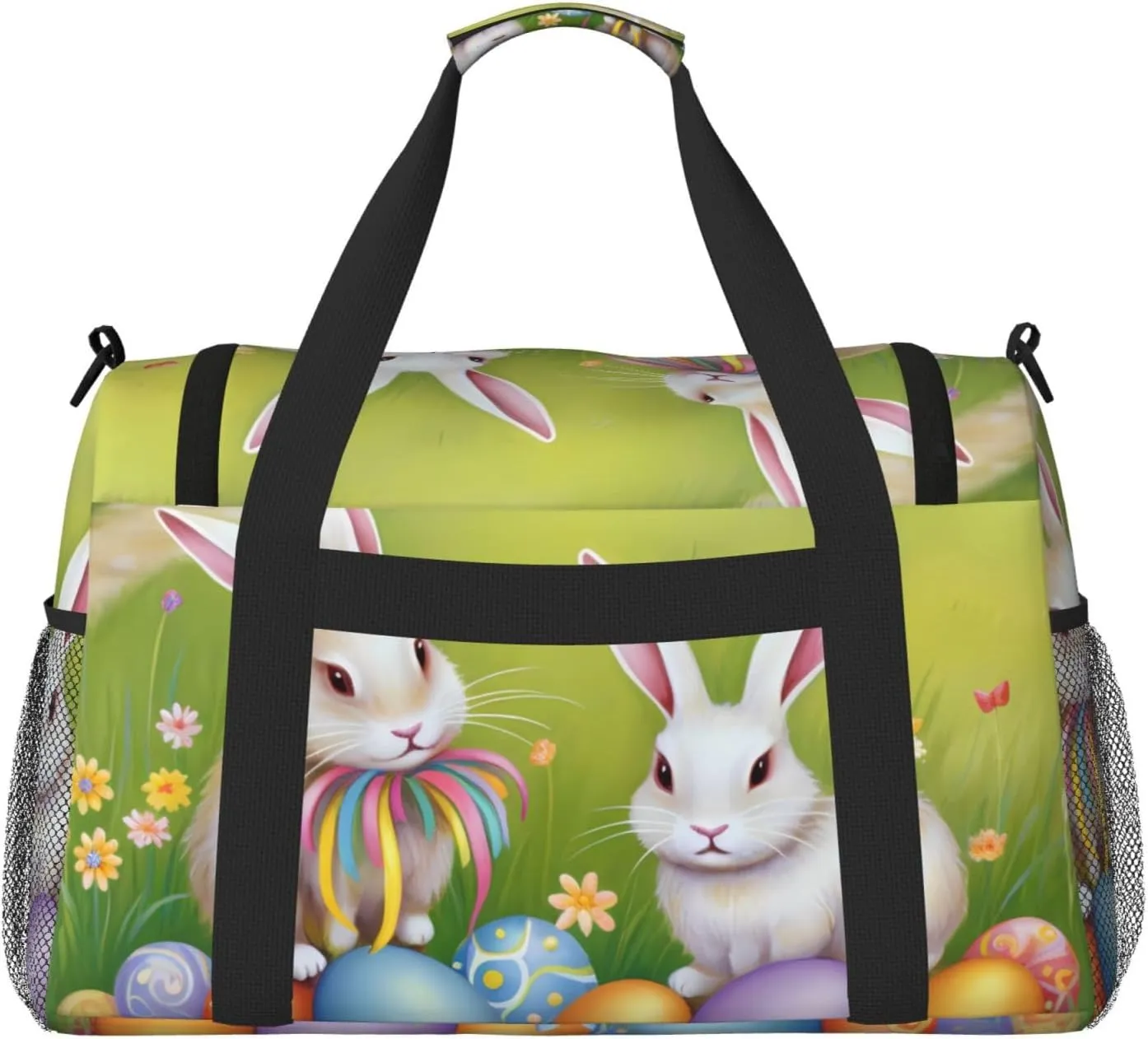 Easter Bunny Eggs Big Capacity Sports Gym Bag Portable Travel Duffle Bag, Spring Rabbit Butterfly Lightweight Weekender Workout Bag for Overnight, Unisex