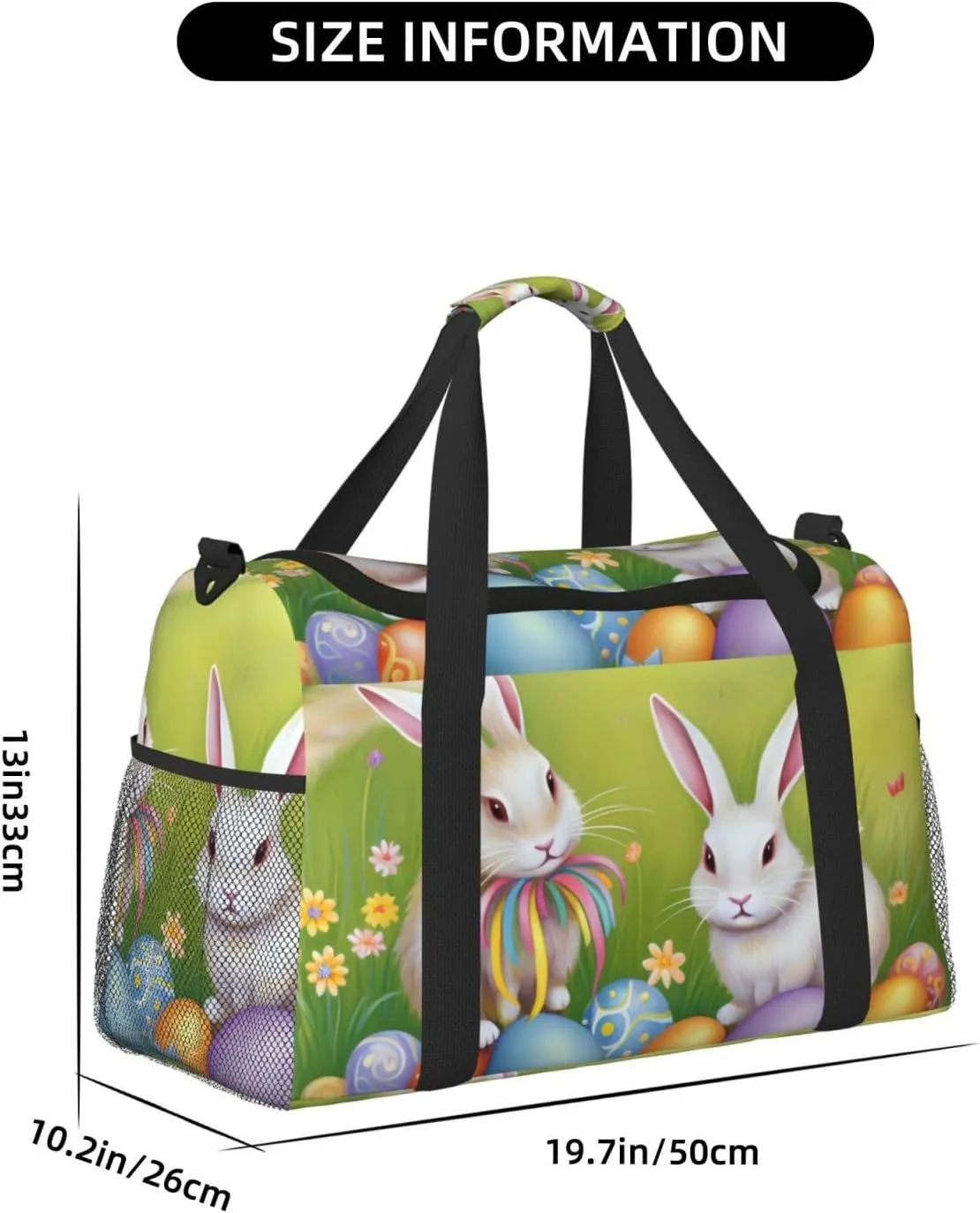 Easter Bunny Eggs Big Capacity Sports Gym Bag Portable Travel Duffle Bag, Spring Rabbit Butterfly Lightweight Weekender Workout Bag for Overnight, Unisex