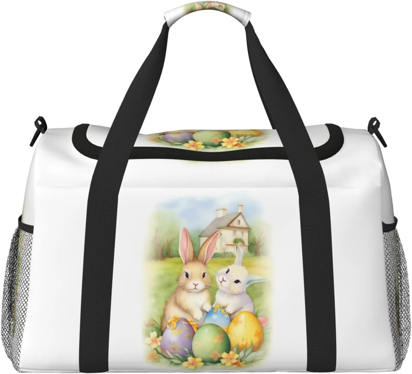 Easter Eggs Floral Big Capacity Sports Gym Bag Portable Travel Duffle Bag, Cartoon Rabbit Bunny Lightweight Weekender Workout Bag for Overnight, Unisex