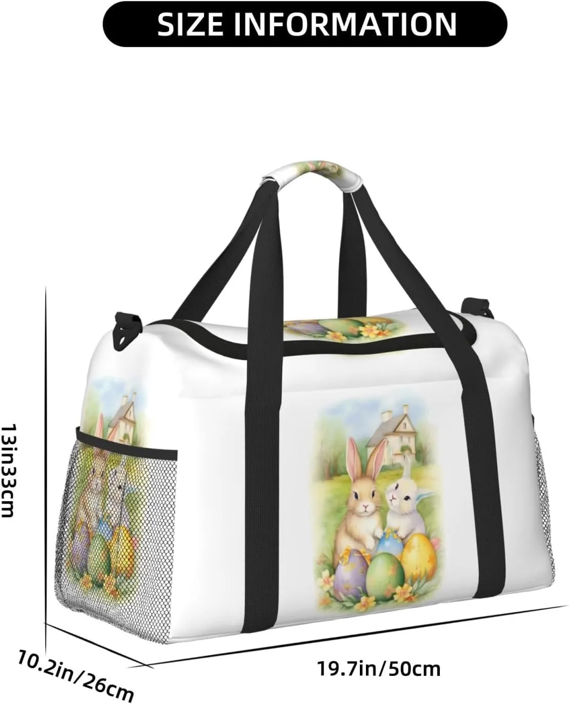 Easter Eggs Floral Big Capacity Sports Gym Bag Portable Travel Duffle Bag, Cartoon Rabbit Bunny Lightweight Weekender Workout Bag for Overnight, Unisex