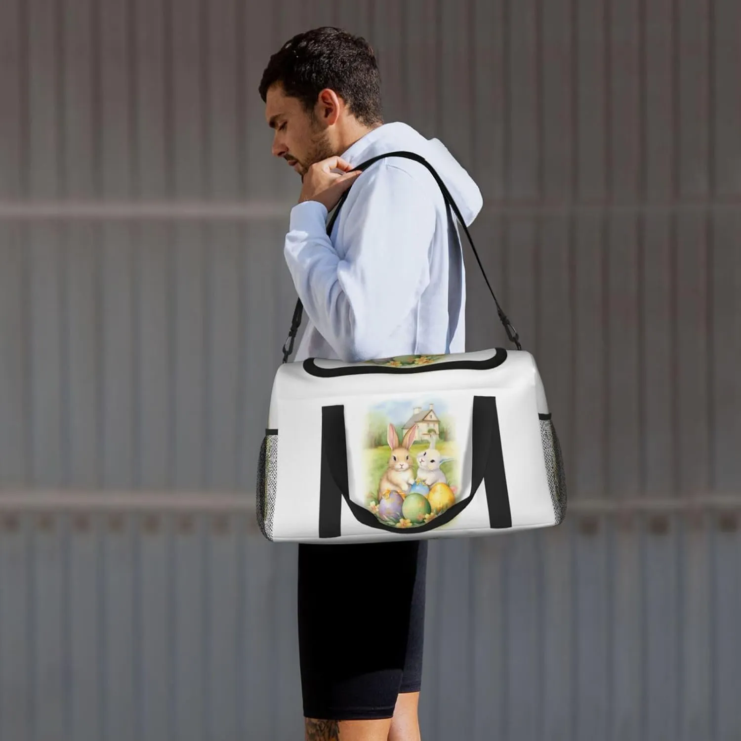 Easter Eggs Floral Big Capacity Sports Gym Bag Portable Travel Duffle Bag, Cartoon Rabbit Bunny Lightweight Weekender Workout Bag for Overnight, Unisex