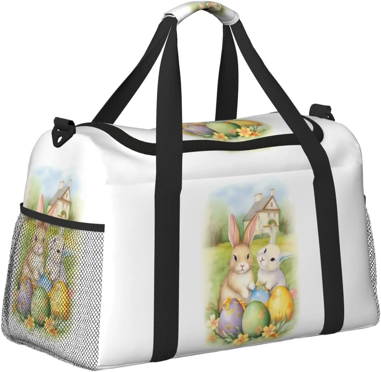 Easter Eggs Floral Big Capacity Sports Gym Bag Portable Travel Duffle Bag, Cartoon Rabbit Bunny Lightweight Weekender Workout Bag for Overnight, Unisex