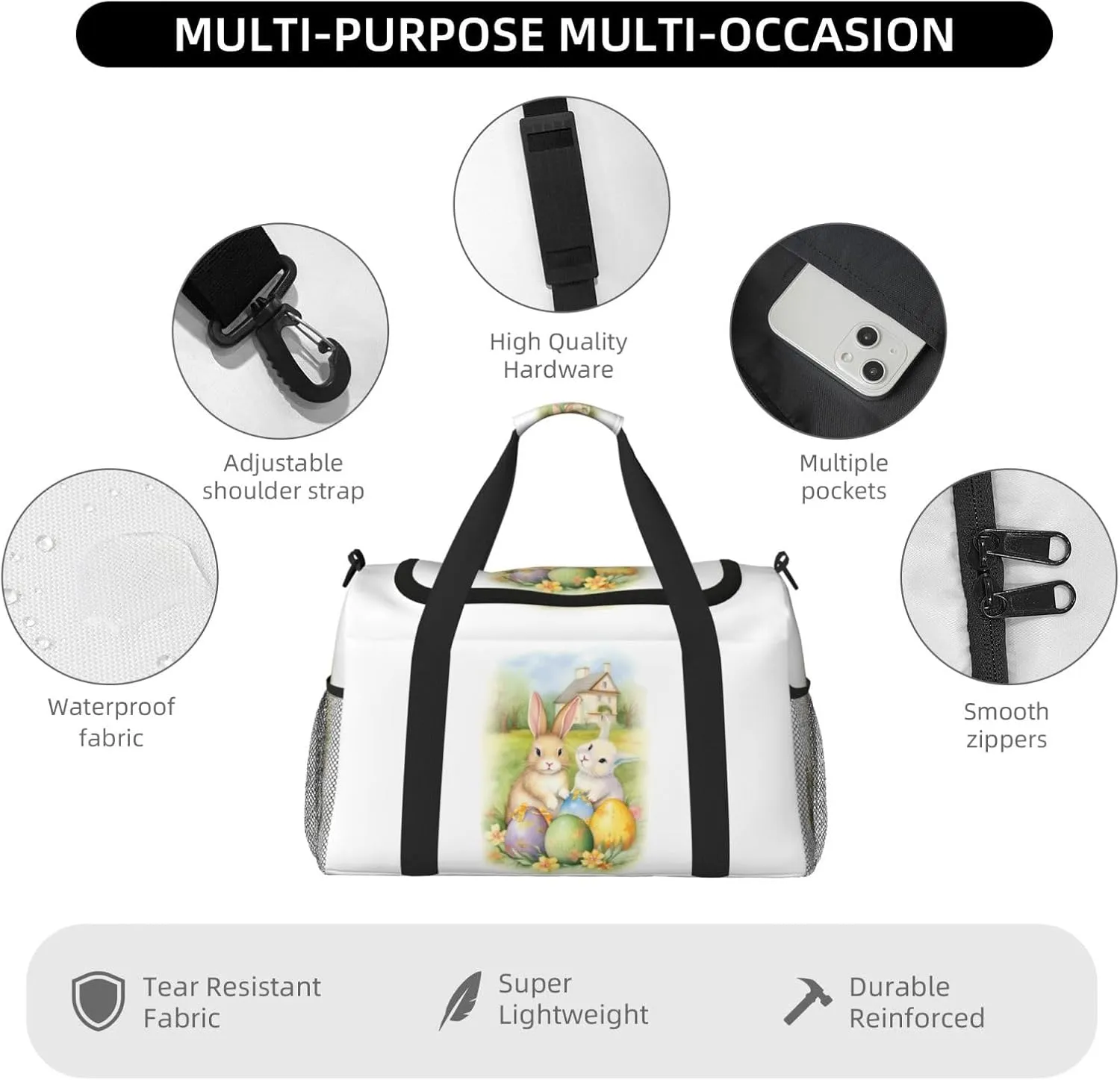 Easter Eggs Floral Big Capacity Sports Gym Bag Portable Travel Duffle Bag, Cartoon Rabbit Bunny Lightweight Weekender Workout Bag for Overnight, Unisex