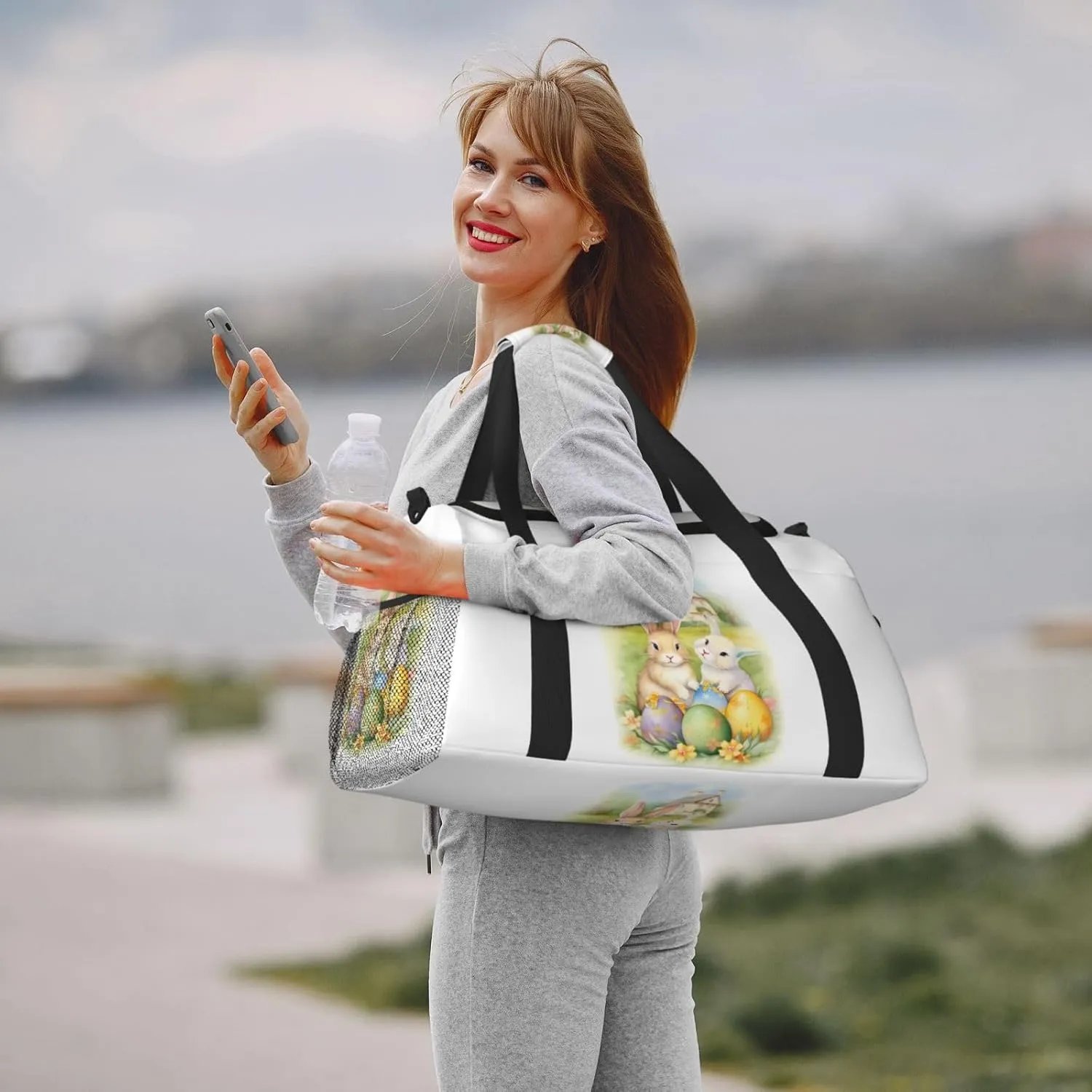 Easter Eggs Floral Big Capacity Sports Gym Bag Portable Travel Duffle Bag, Cartoon Rabbit Bunny Lightweight Weekender Workout Bag for Overnight, Unisex