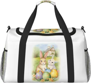 Easter Eggs Floral Big Capacity Sports Gym Bag Portable Travel Duffle Bag, Cartoon Rabbit Bunny Lightweight Weekender Workout Bag for Overnight, Unisex