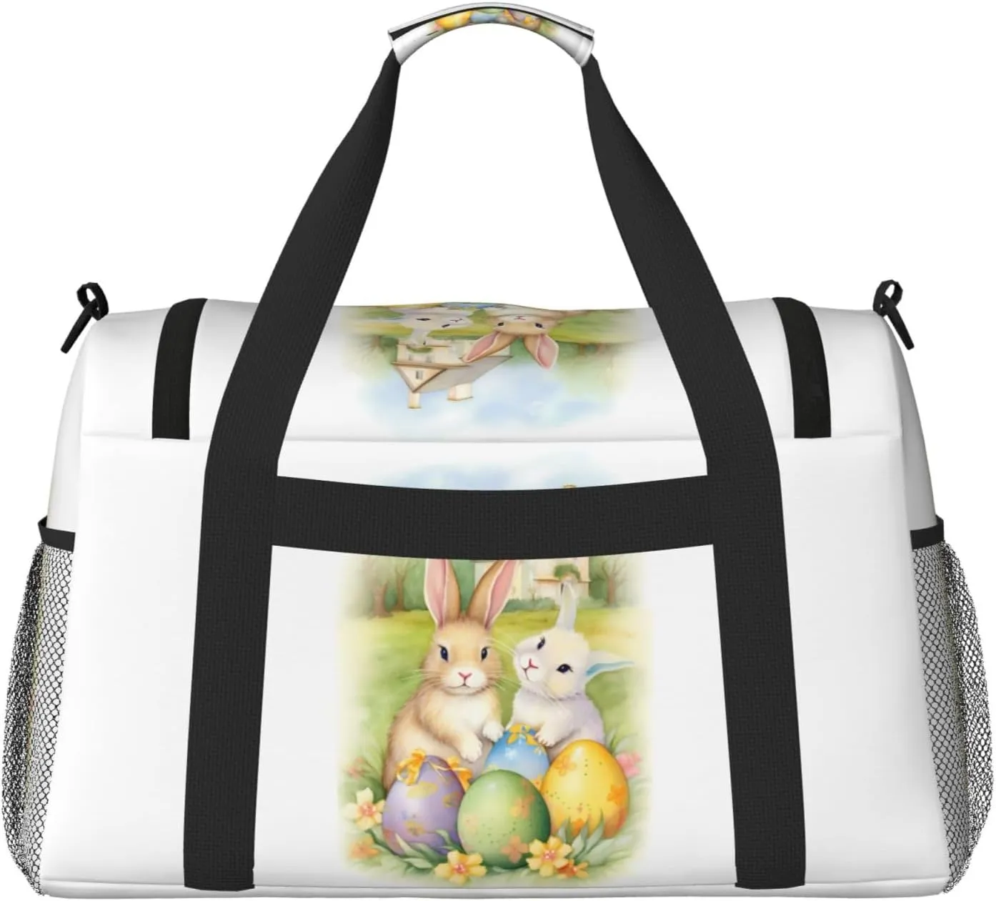 Easter Eggs Floral Big Capacity Sports Gym Bag Portable Travel Duffle Bag, Cartoon Rabbit Bunny Lightweight Weekender Workout Bag for Overnight, Unisex