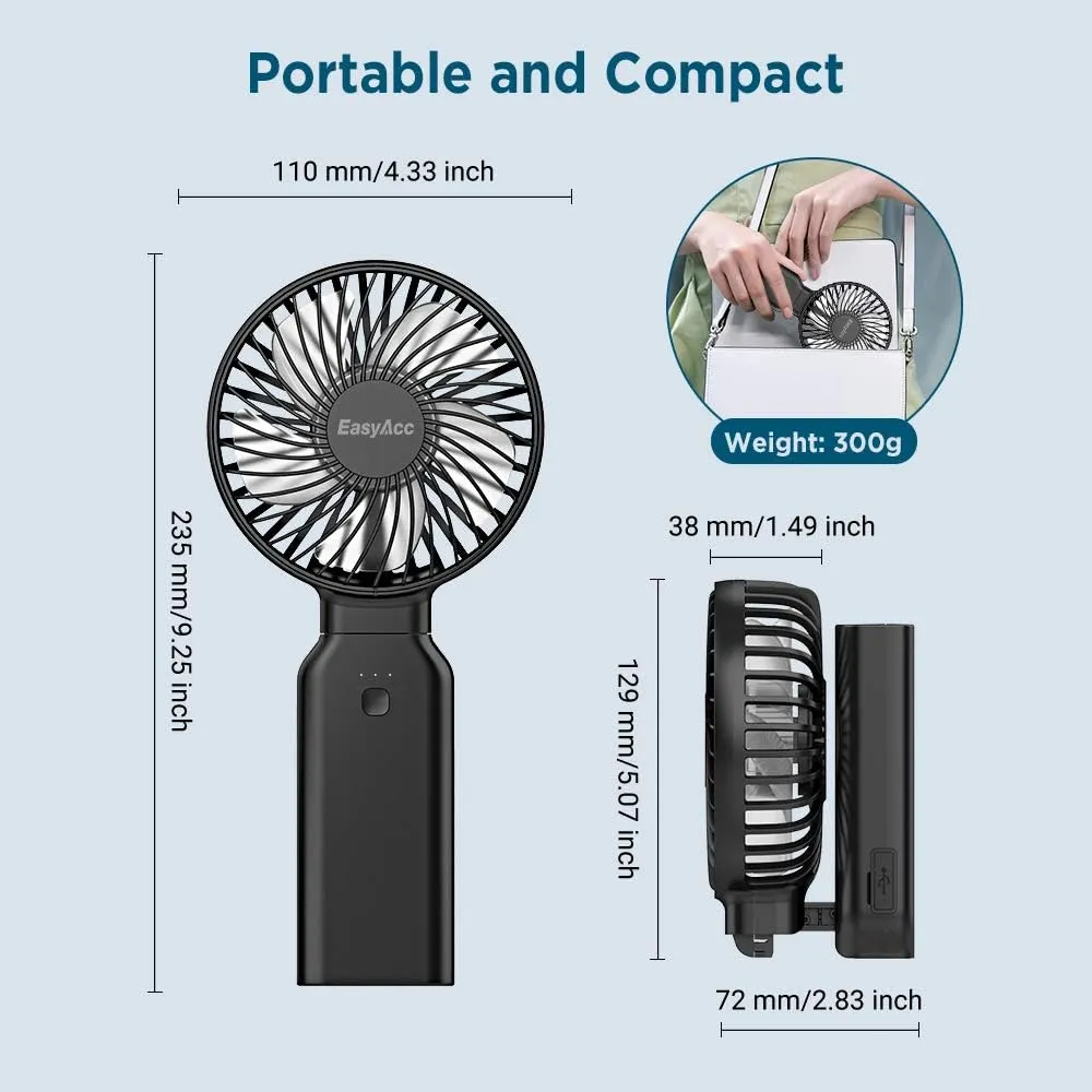 EasyAcc Portable Travel Fan [Max 53H Cooling Time] 10000mAh Rechargeable Battery Powered Handheld Fan with Power Bank 4 Speeds Powerful Personal Desk Fan Electric Fan for Travel Outdoor Office