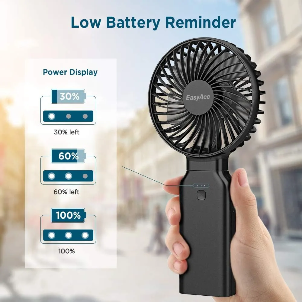 EasyAcc Portable Travel Fan [Max 53H Cooling Time] 10000mAh Rechargeable Battery Powered Handheld Fan with Power Bank 4 Speeds Powerful Personal Desk Fan Electric Fan for Travel Outdoor Office