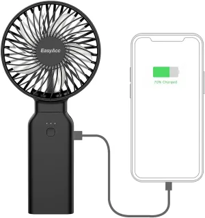 EasyAcc Portable Travel Fan [Max 53H Cooling Time] 10000mAh Rechargeable Battery Powered Handheld Fan with Power Bank 4 Speeds Powerful Personal Desk Fan Electric Fan for Travel Outdoor Office