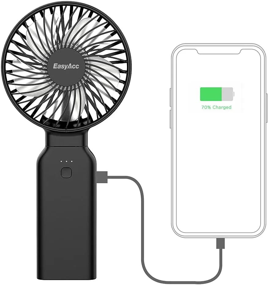 EasyAcc Portable Travel Fan [Max 53H Cooling Time] 10000mAh Rechargeable Battery Powered Handheld Fan with Power Bank 4 Speeds Powerful Personal Desk Fan Electric Fan for Travel Outdoor Office