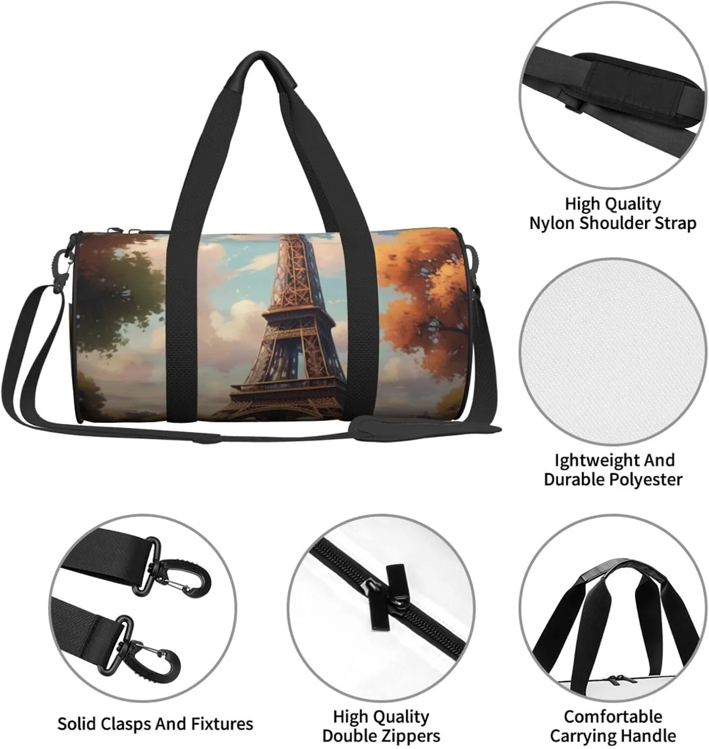 Eiffel Tower Printed Travel Bag,Round Personal Item Storage bag,Foldie Duffel Bag for Traveling Vacation,Fitness,Sports