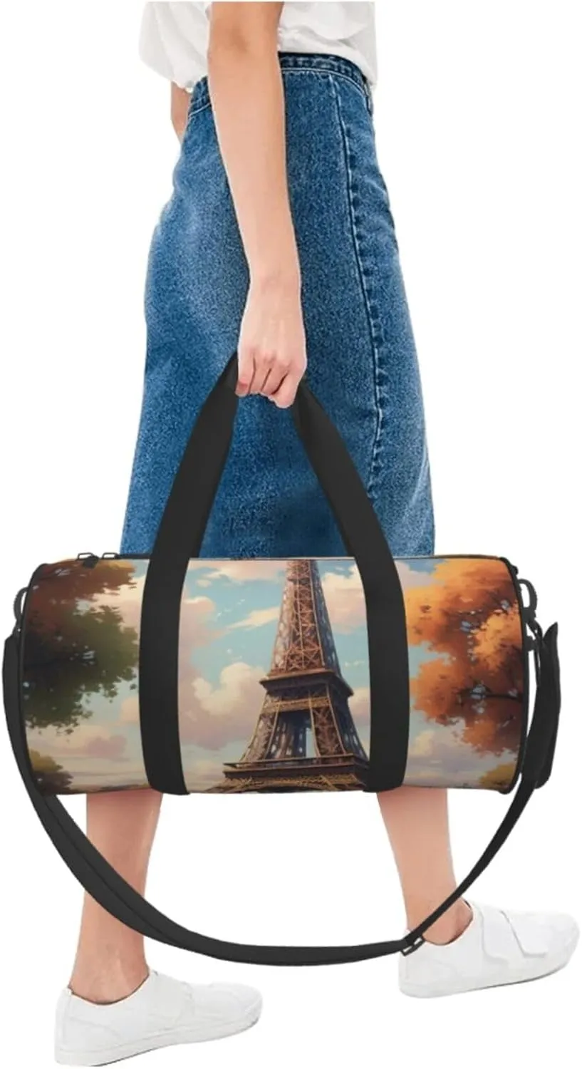 Eiffel Tower Printed Travel Bag,Round Personal Item Storage bag,Foldie Duffel Bag for Traveling Vacation,Fitness,Sports