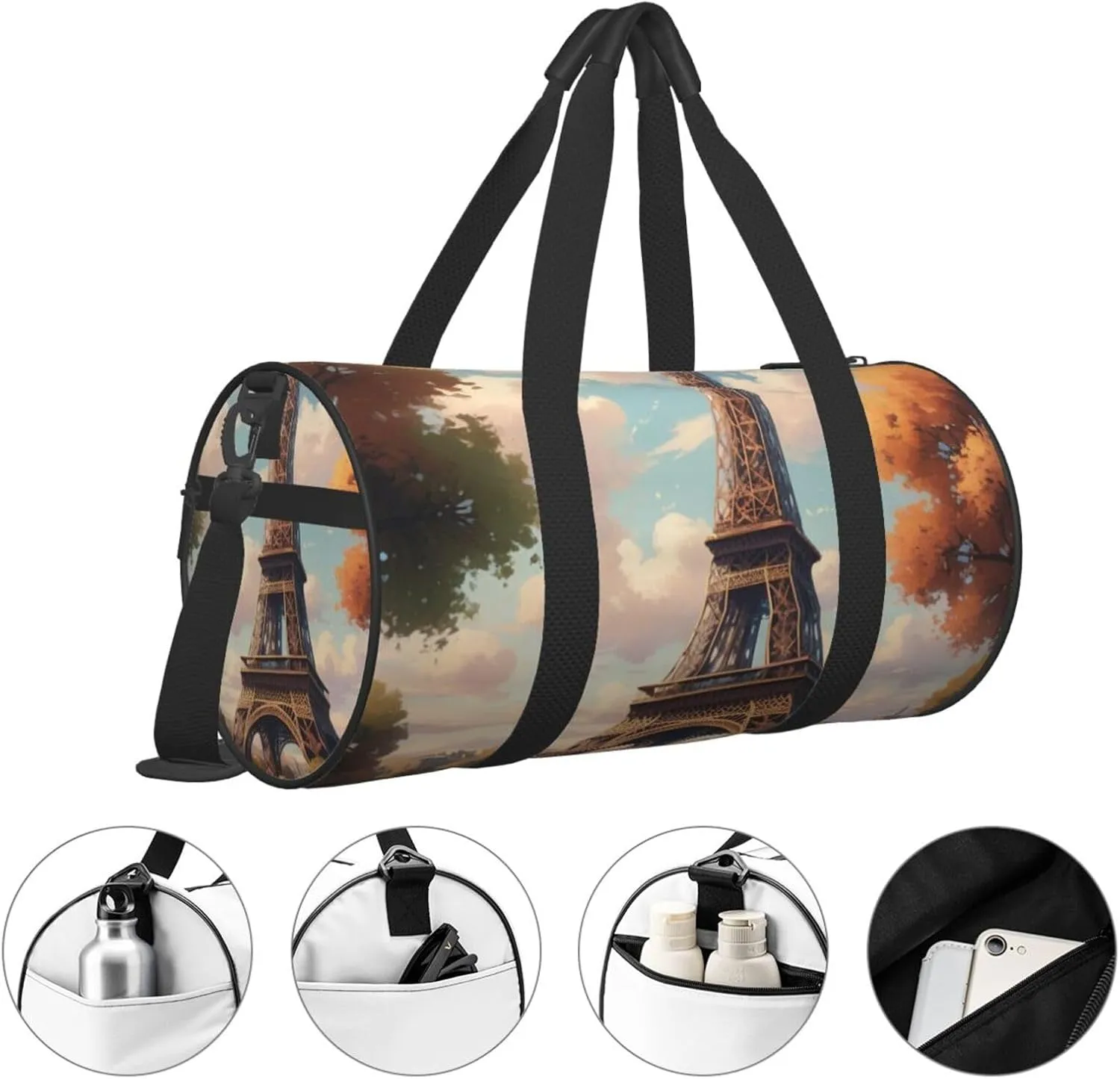 Eiffel Tower Printed Travel Bag,Round Personal Item Storage bag,Foldie Duffel Bag for Traveling Vacation,Fitness,Sports