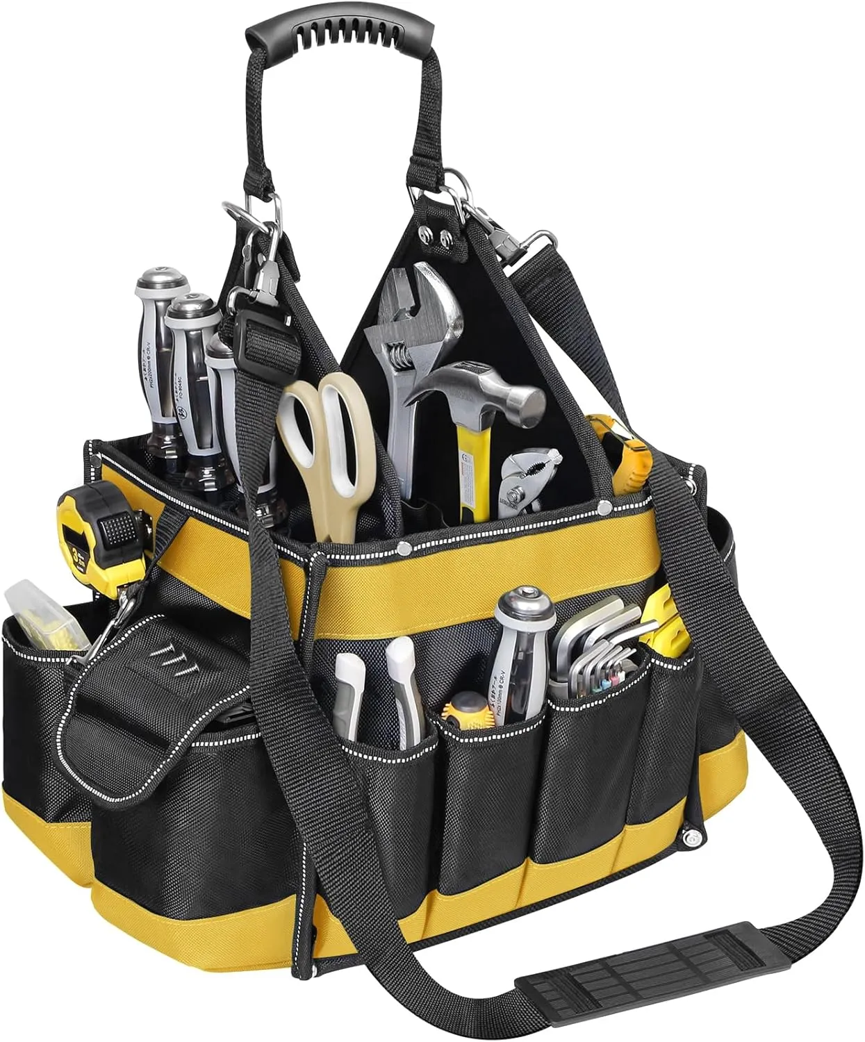 Electrician Tool Tote Bag 15 Inch – 25L Open Top Tool Tote with 22 Pockets, Shoulder Strap, Reflective Strips, 1680D Waterproof Fabric, Small Tool Bag Organizer for Men, Heavy Duty, Yellow