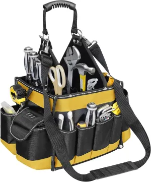Electrician Tool Tote Bag 15 Inch – 25L Open Top Tool Tote with 22 Pockets, Shoulder Strap, Reflective Strips, 1680D Waterproof Fabric, Small Tool Bag Organizer for Men, Heavy Duty, Yellow