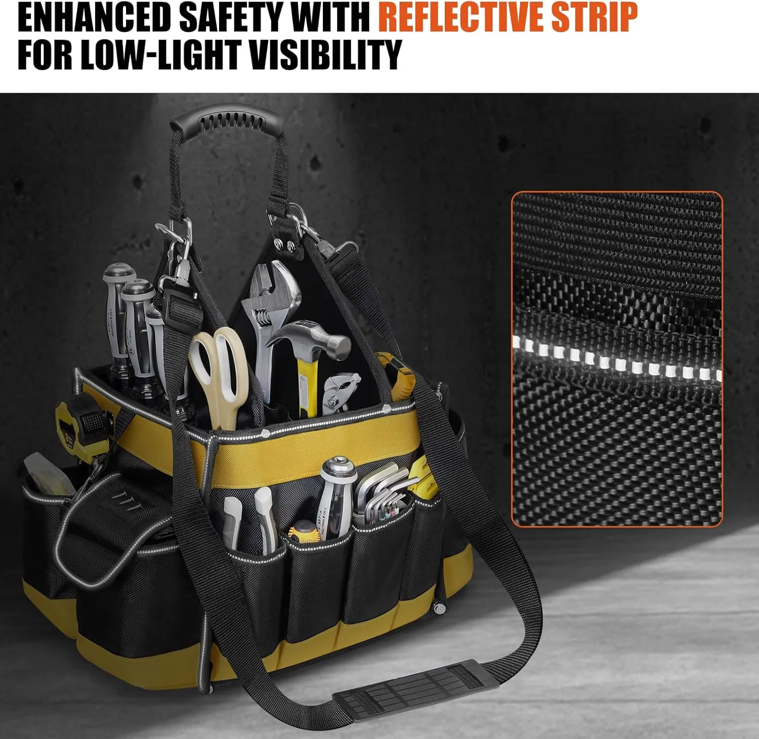 Electrician Tool Tote Bag 15 Inch – 25L Open Top Tool Tote with 22 Pockets, Shoulder Strap, Reflective Strips, 1680D Waterproof Fabric, Small Tool Bag Organizer for Men, Heavy Duty, Yellow