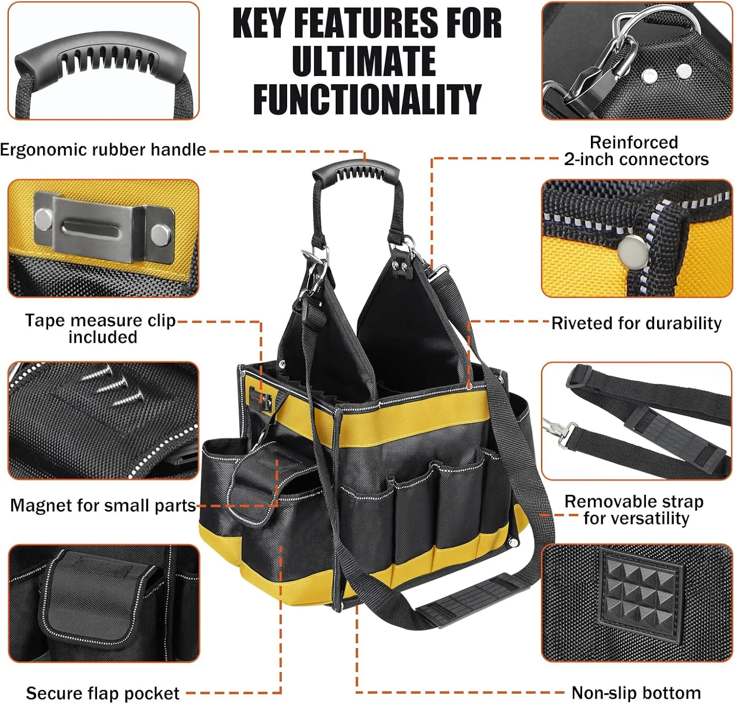 Electrician Tool Tote Bag 15 Inch – 25L Open Top Tool Tote with 22 Pockets, Shoulder Strap, Reflective Strips, 1680D Waterproof Fabric, Small Tool Bag Organizer for Men, Heavy Duty, Yellow