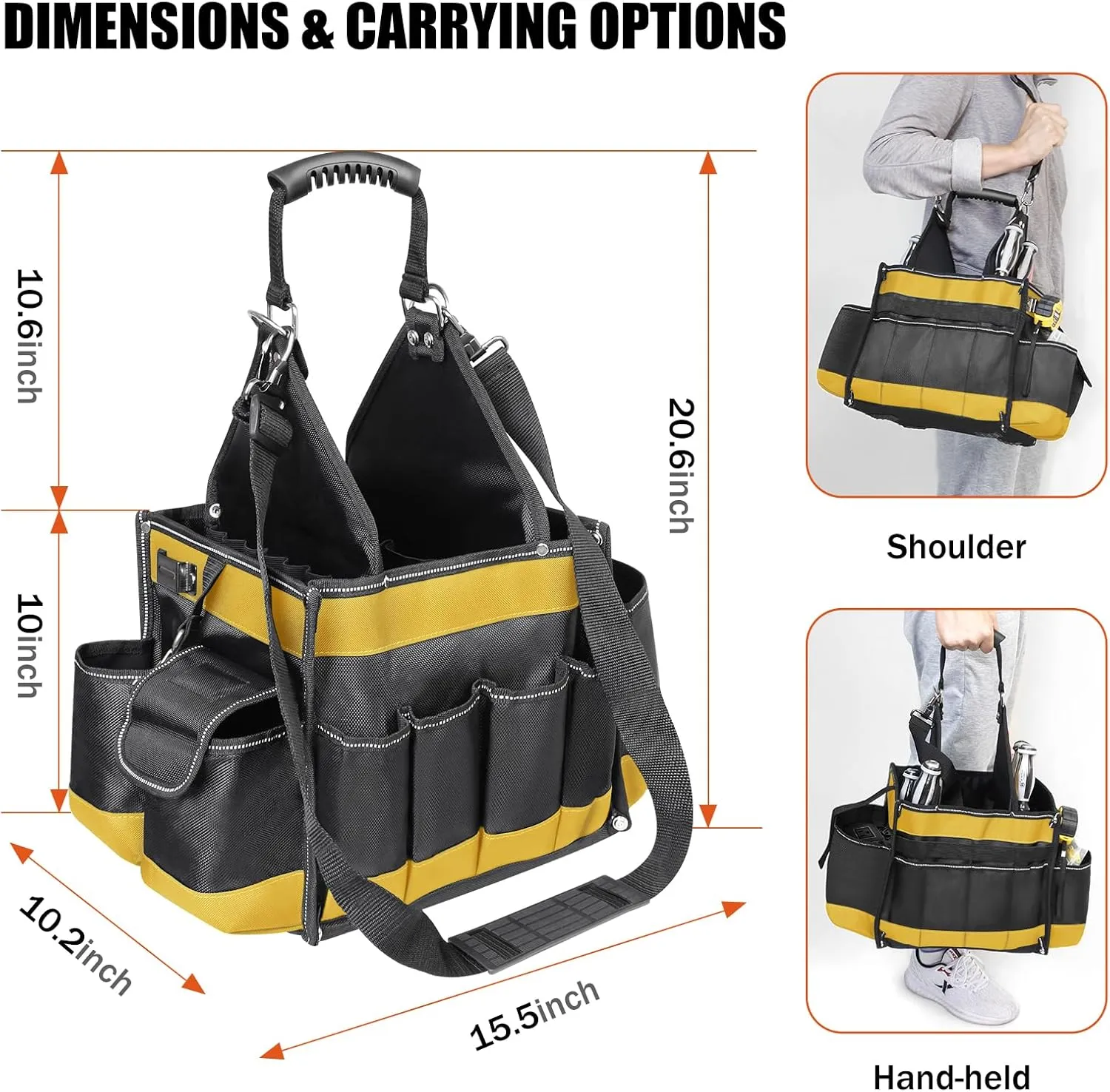 Electrician Tool Tote Bag 15 Inch – 25L Open Top Tool Tote with 22 Pockets, Shoulder Strap, Reflective Strips, 1680D Waterproof Fabric, Small Tool Bag Organizer for Men, Heavy Duty, Yellow