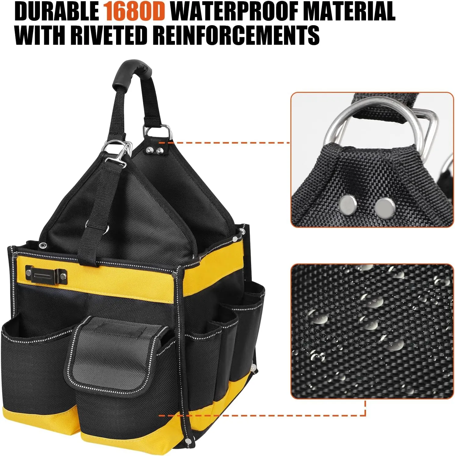 Electrician Tool Tote Bag 15 Inch – 25L Open Top Tool Tote with 22 Pockets, Shoulder Strap, Reflective Strips, 1680D Waterproof Fabric, Small Tool Bag Organizer for Men, Heavy Duty, Yellow