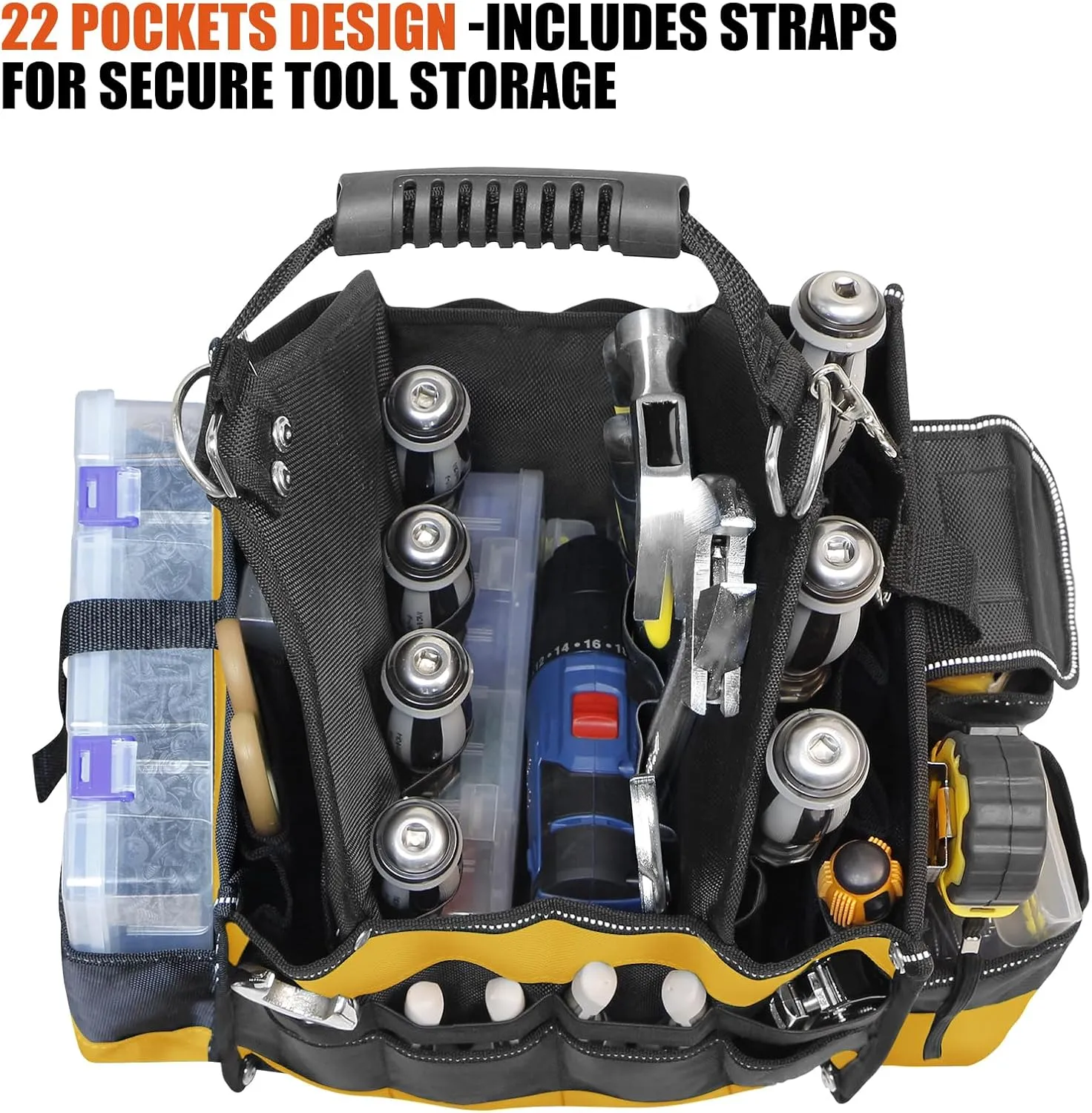 Electrician Tool Tote Bag 15 Inch – 25L Open Top Tool Tote with 22 Pockets, Shoulder Strap, Reflective Strips, 1680D Waterproof Fabric, Small Tool Bag Organizer for Men, Heavy Duty, Yellow