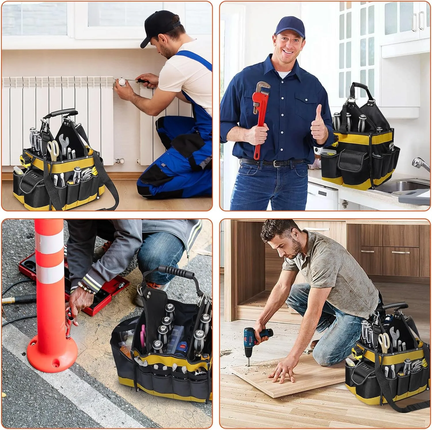 Electrician Tool Tote Bag 15 Inch – 25L Open Top Tool Tote with 22 Pockets, Shoulder Strap, Reflective Strips, 1680D Waterproof Fabric, Small Tool Bag Organizer for Men, Heavy Duty, Yellow