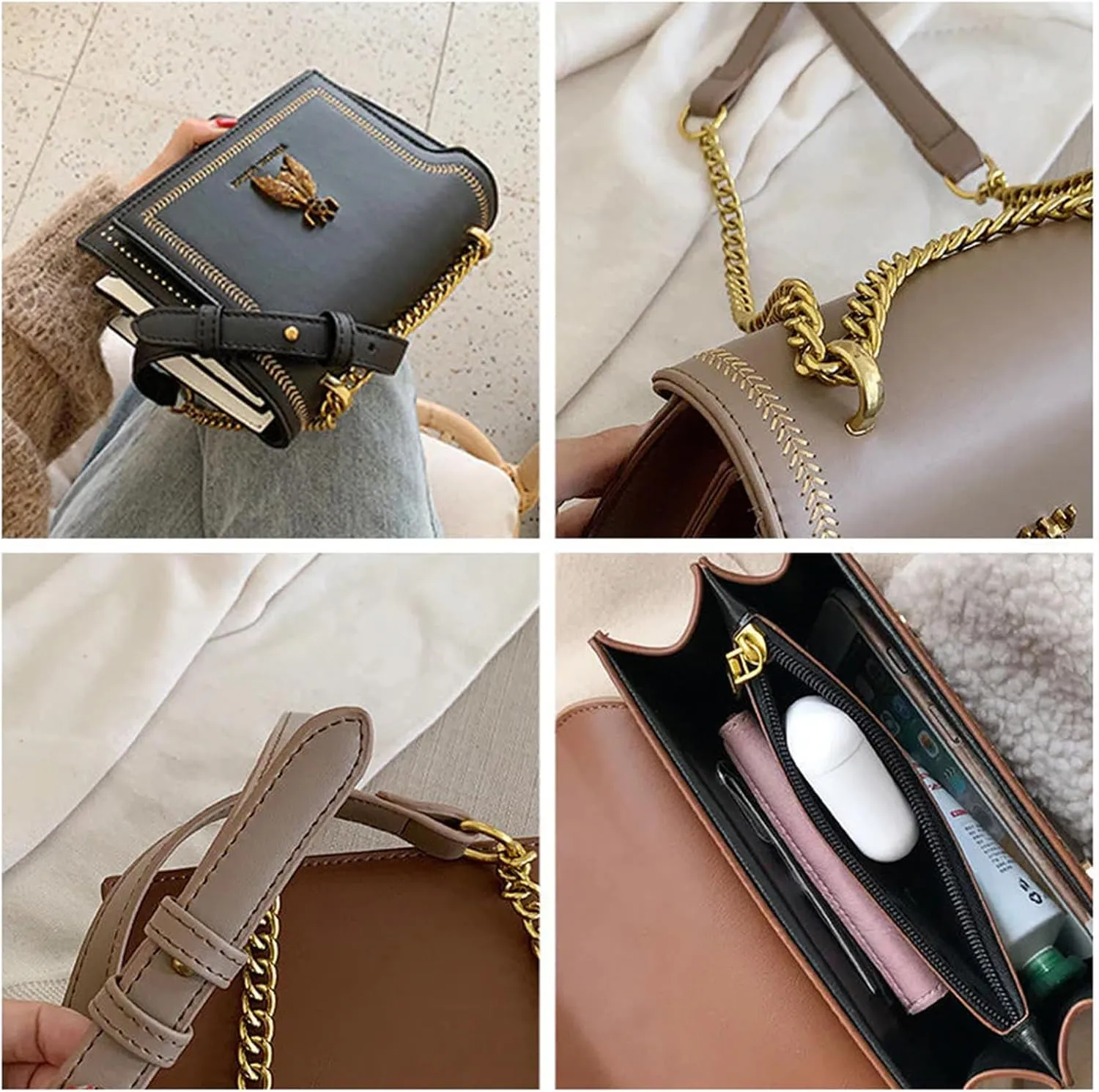 Elegant Bee Patch Crossbody Bag for Women,Vintage Bee Single Shoulder Handbag,Shoulder Bag with Metal Chain Strap.