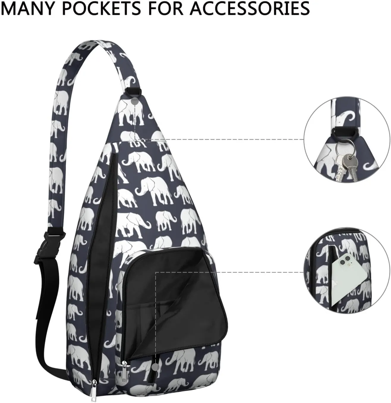 Elephant Print Black Crossbody Bag Daypack for Women Men Lightweight Waterproof Sling Bag Backpack Hiking Cycling