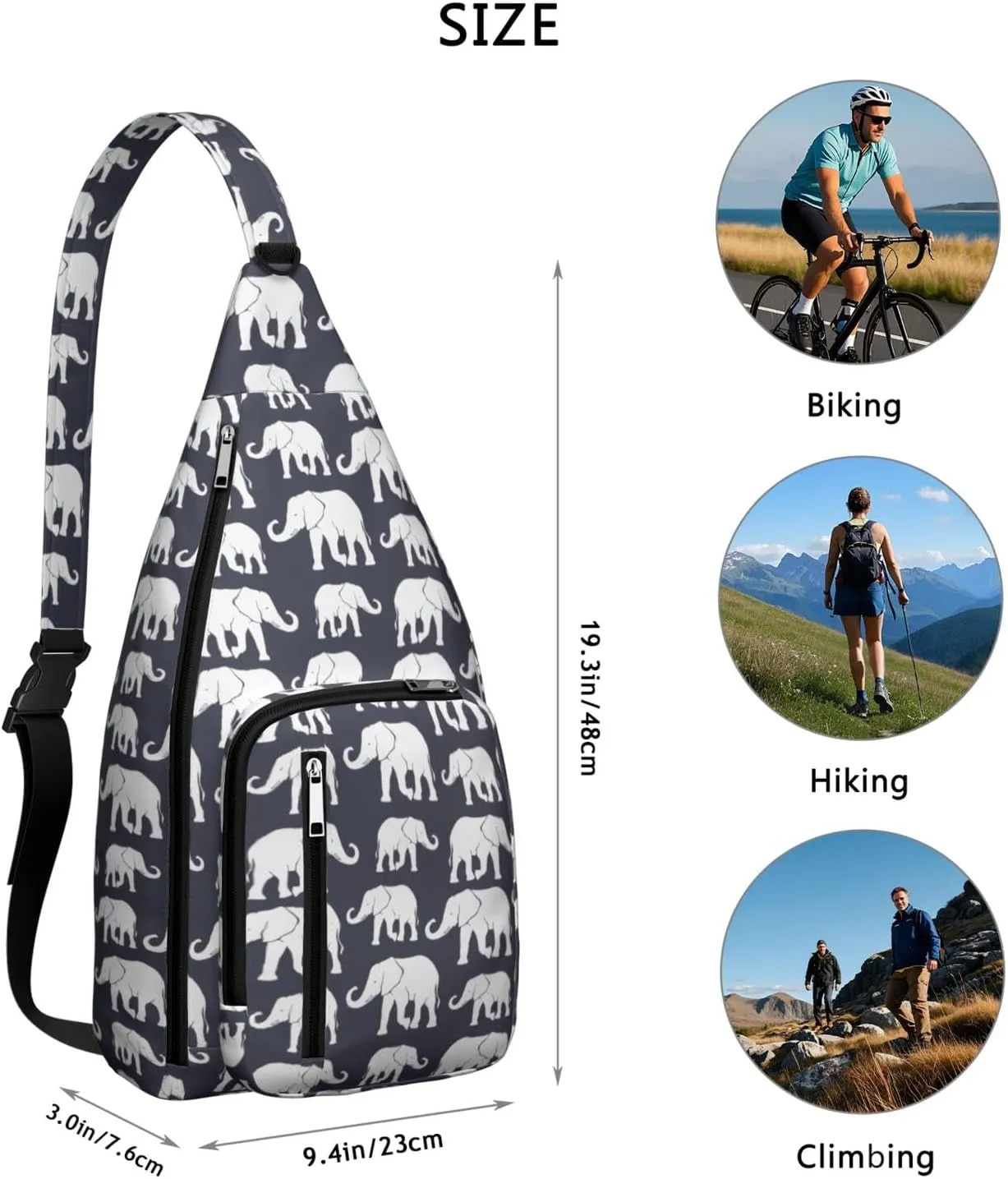 Elephant Print Black Crossbody Bag Daypack for Women Men Lightweight Waterproof Sling Bag Backpack Hiking Cycling