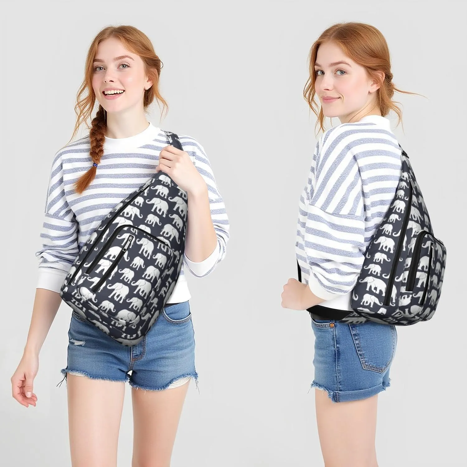Elephant Print Black Crossbody Bag Daypack for Women Men Lightweight Waterproof Sling Bag Backpack Hiking Cycling