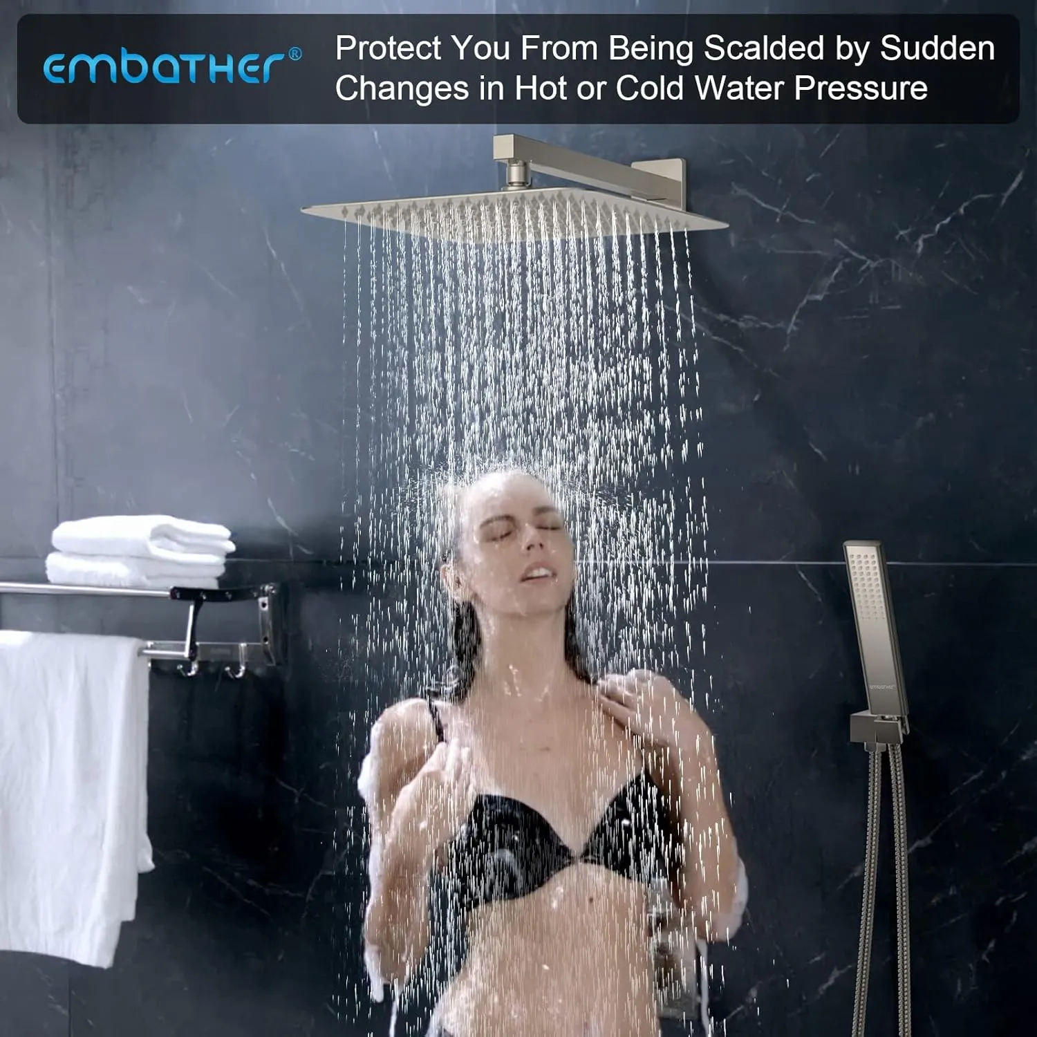 EMBATHER Shower System 12" Shower Faucet Set for Bathroom Luxury Rain Mixer Combo Set Wall Mounted Rainfall Square Shower Head, Easy Installation, Contain Rough-in Valve & Trim, Brushed Nickel