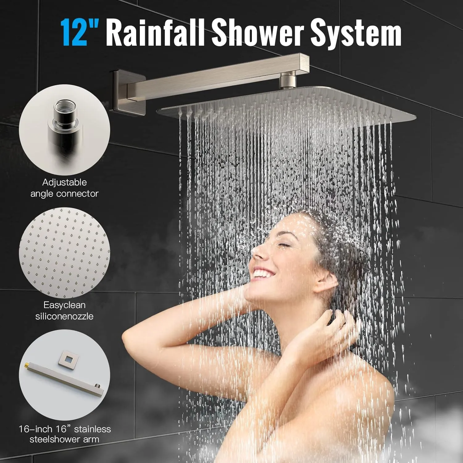 EMBATHER Shower System 12" Shower Faucet Set for Bathroom Luxury Rain Mixer Combo Set Wall Mounted Rainfall Square Shower Head, Easy Installation, Contain Rough-in Valve & Trim, Brushed Nickel
