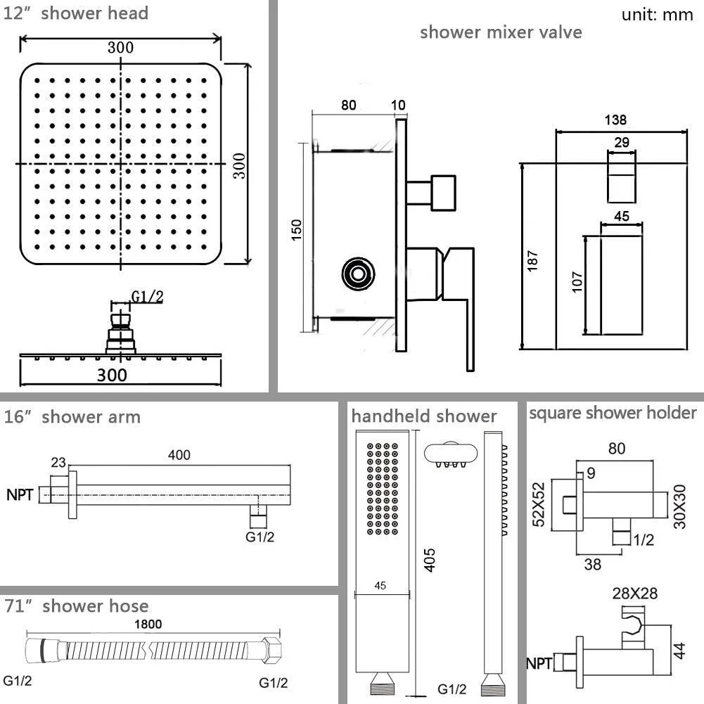 EMBATHER Shower System 12" Shower Faucet Set for Bathroom Luxury Rain Mixer Combo Set Wall Mounted Rainfall Square Shower Head, Easy Installation, Contain Rough-in Valve & Trim, Brushed Nickel