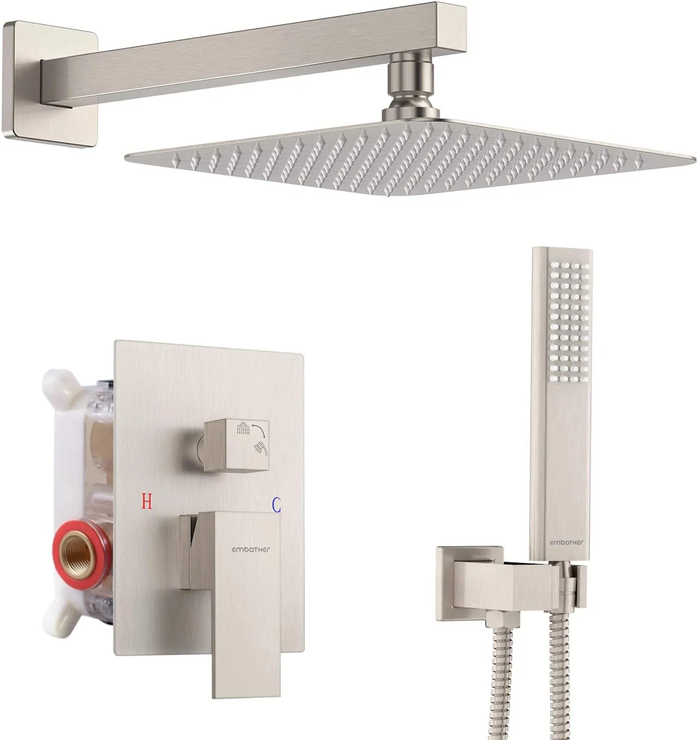 EMBATHER Shower System 12" Shower Faucet Set for Bathroom Luxury Rain Mixer Combo Set Wall Mounted Rainfall Square Shower Head, Easy Installation, Contain Rough-in Valve & Trim, Brushed Nickel