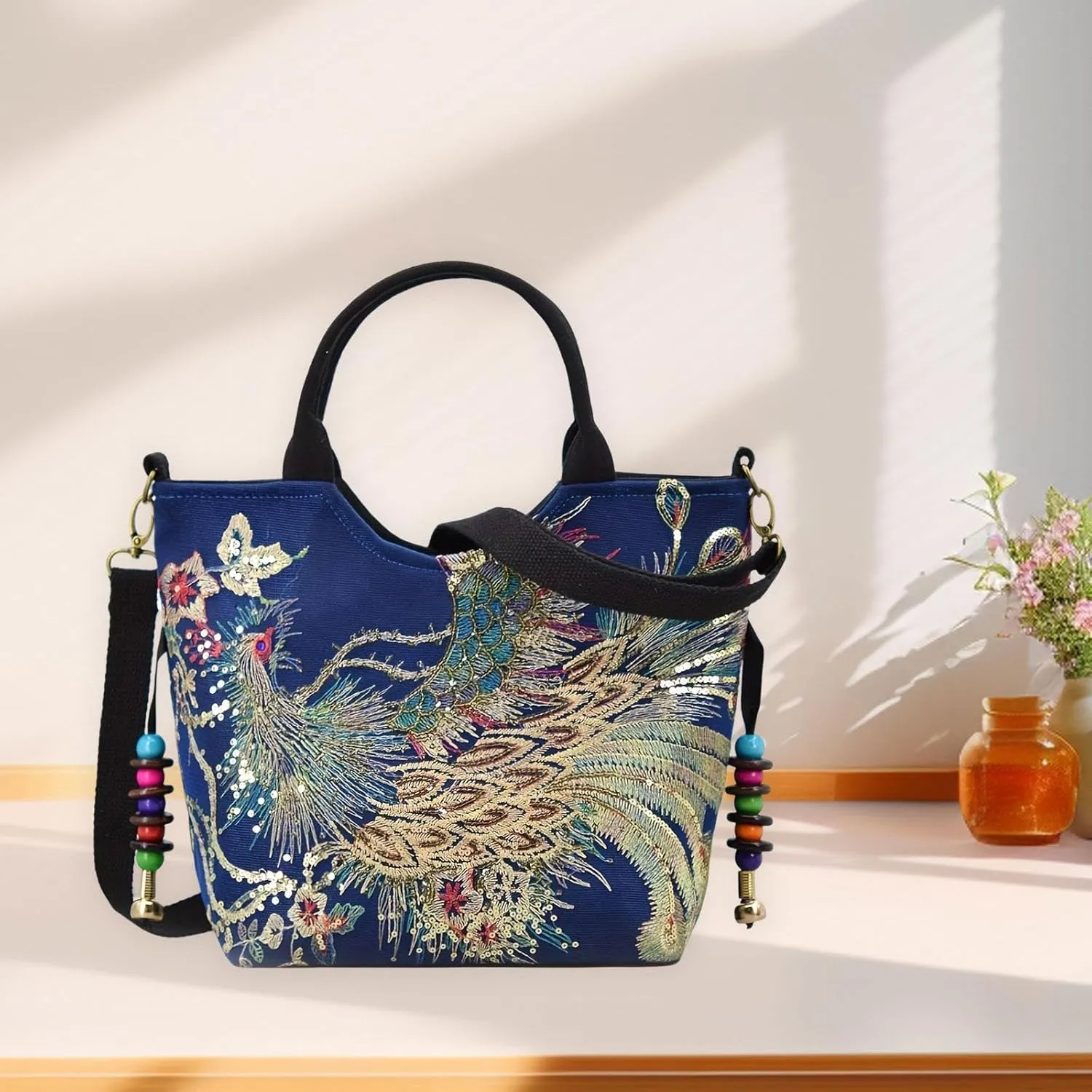 Embroidery Handbag with Pendants Crossbody Purse for Outdoor Sports