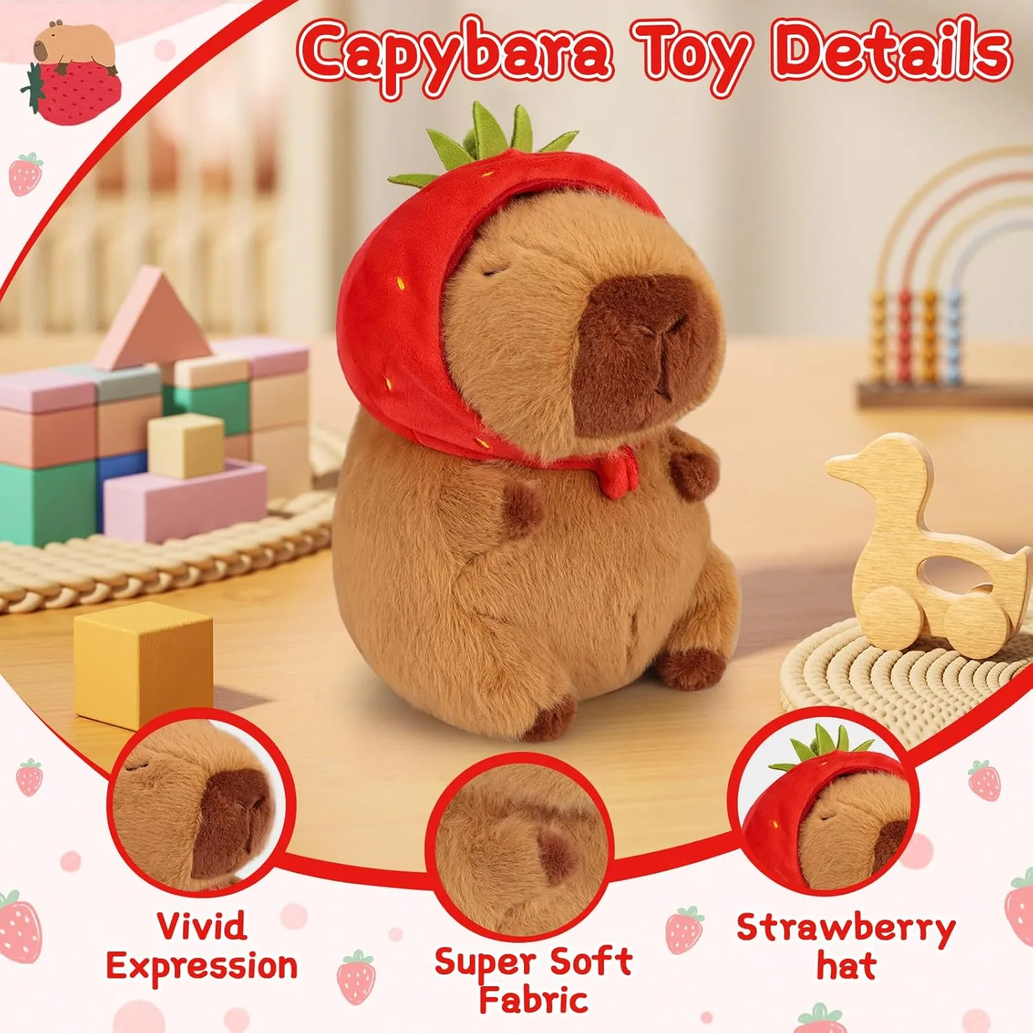 Emoin Capybara Plush Toy with Strawberry Hat 9.8 Inch Kawaii Soft Strawberry Capybara Stuffed Animals Hugging Capibara Baby Girls Gifts