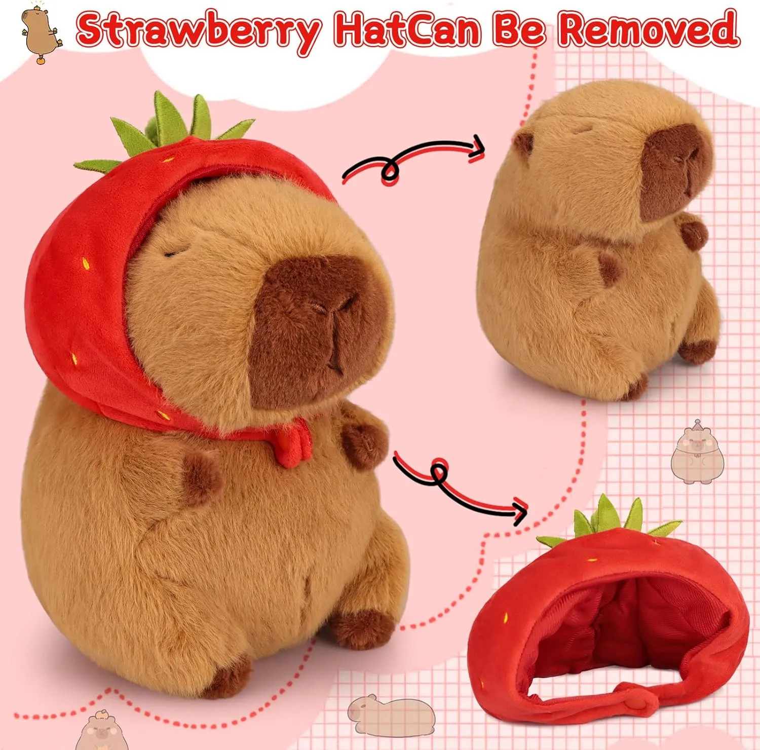 Emoin Capybara Plush Toy with Strawberry Hat 9.8 Inch Kawaii Soft Strawberry Capybara Stuffed Animals Hugging Capibara Baby Girls Gifts