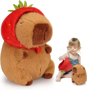 Emoin Capybara Plush Toy with Strawberry Hat 9.8 Inch Kawaii Soft Strawberry Capybara Stuffed Animals Hugging Capibara Baby Girls Gifts