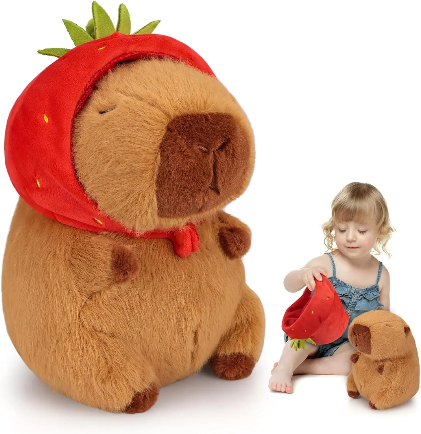 Emoin Capybara Plush Toy with Strawberry Hat 9.8 Inch Kawaii Soft Strawberry Capybara Stuffed Animals Hugging Capibara Baby Girls Gifts